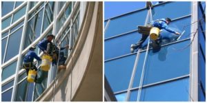 commercial window cleaning on a tall commercial building