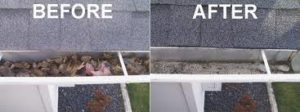 Before and After images of clogged gutter and clean gutter.