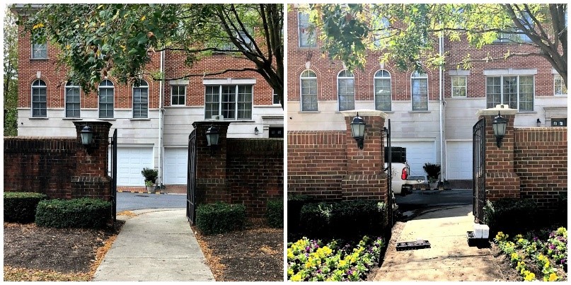 Side by side photo showing brick wall before and after a soft wash service was performed.