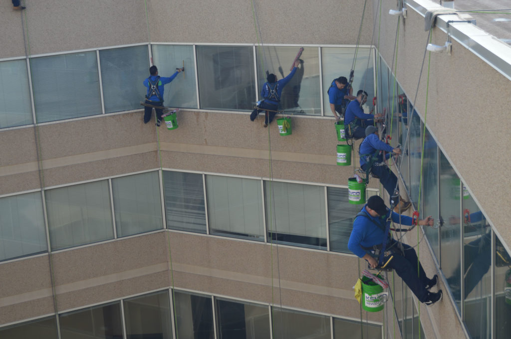 window cleaners repelling down the building