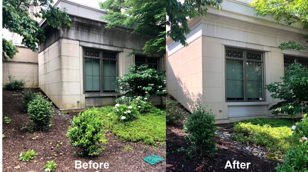 Side by side photos of the exterior of a commercial building showing before and after a pressure washing service was completed.