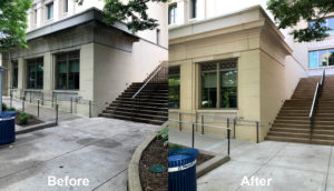 Side by side photos showing exterior stairway and building before and after being pressure washed.