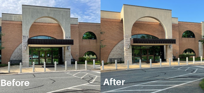 commercial building before and after pressure cleaning