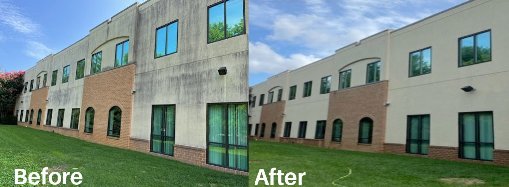 commercial building before and after pressure cleaning