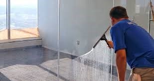 Professional cleaning a glass partition in an office building.